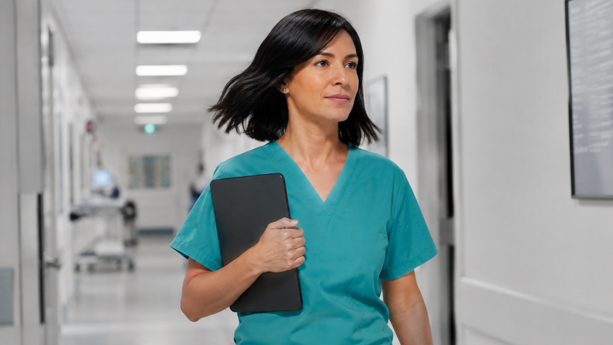 bcontent2-image1 clinician walking down hospital hallway carrying a tablet